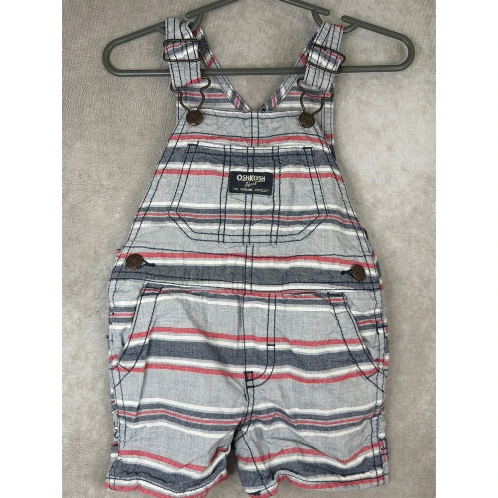 OshKosh B'gosh Overalls Kids 12M Blue Red White Striped Cotton Vestbak Shortalls